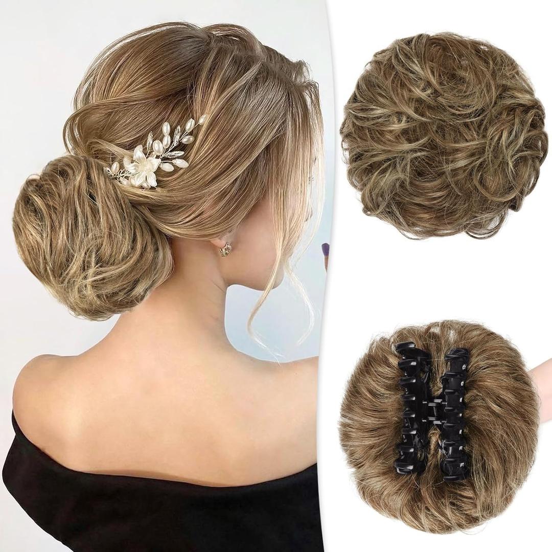 RUWISS Claw Clip Messy Bun Hair Piece Real Human Hair Buns Wavy Curly Chignon Hair Bun Extensions Tousled Updo Hair Buns Claw Clip Ponytail Hairpieces (Brown Mixed Light Blond)