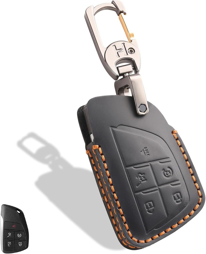 Leather Key Fob Cover, Compatible with 2021/2022/2023/2024/2025 GMC Yukon Denali Sierra, For Chevy Silverado Suburban Tahoe Buick etc, Retro Style Design Key Holder Protector(5 Button, Black)
