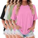 4 Pack Womens Oversized T Shirts Summer Casual Roll Up Short Sleeve Tops Crew Neck Loose Fit Basic Tee Clothes (Medium, Peach Pink, Fruit Green, Black, White)