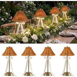 4 Pack Wedding Cordless Rattan Table Lamps Wicker Night Light LED Rechargeable Reading Lights 3 Color Portable Touch Control Party Decor with Bows for Outdoor Party Wedding Patio
