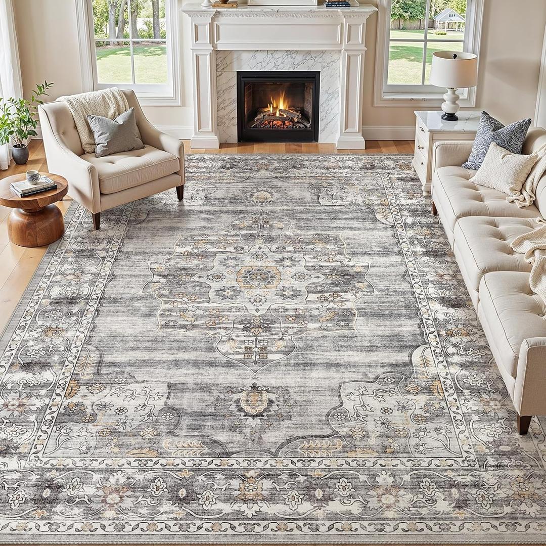 9x12 Washable Area Rug - Non Slip Vintage Indoor Large Rug for Living Room Bedroom, Machine Washable Stain Resistant Foldable Floor Mat for Office Nursery House Decor- Grey