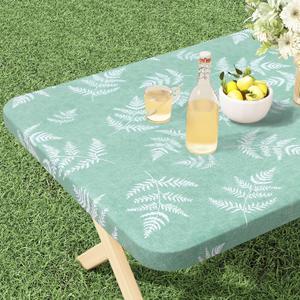 misaya Rectangle Vinyl Tablecloth, Fitted Table Cover, 100% Waterproof, Elastic Edge, Plastic Table Cloth Fit 5 Foot Folding Tables for Picnic, Camping, Outdoor (Light Green Leaves, 30x60 inch)
