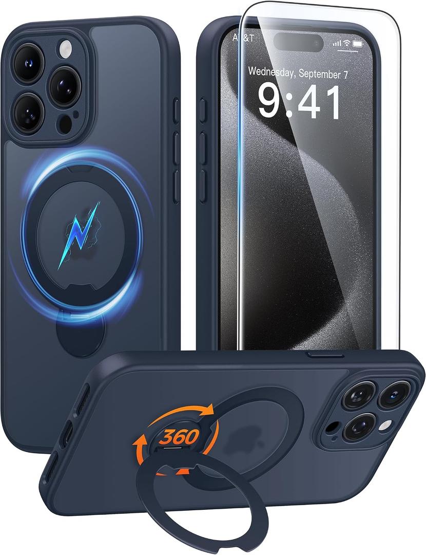 FNTCASE for iPhone 15 Pro-Max Case: [360 Spin Magnetic Stand] [Compatible with Magsafe] [Screen Protector] Translucent Matte Military Grade Shockproof Full Camera Protective Phone Cover - Deep Blue