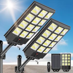 5000W Solar Street Lights Outdoor 6500K Cool White IP66 Waterproof Flood Lights with Motion Sensor & Dusk to Dawn, Wide-Angle Remote Control for Parking Lots/Yards (2-Pack)