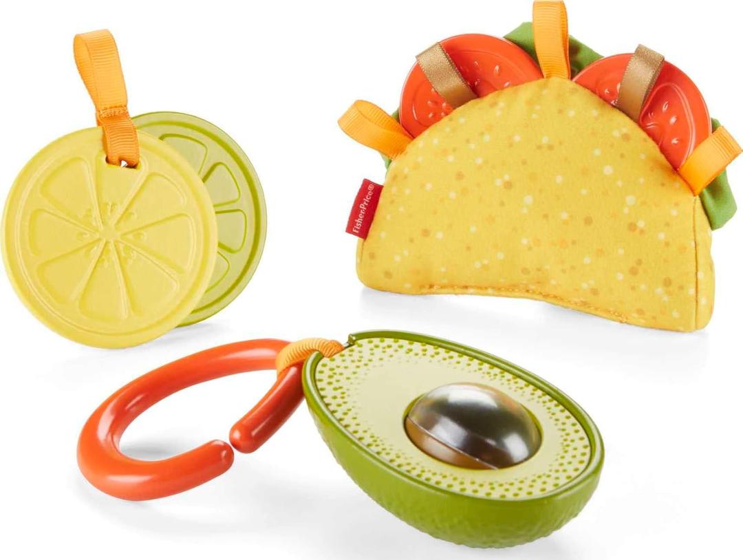 Fisher-Price Baby Toys Taco Tuesday Set, 3 Pretend Food Rattle & Sensory Activities for Newborns Ages 3+ Months