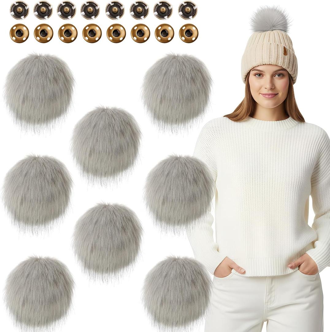 Juinte 8 Pcs 6 Inch Large Fur Pom Pom Balls for Hats Fluffy Faux Fur Pompom Balls with Snap Button for Hat Shoes Scarves Bag Charms DIY Crafts (Gray)