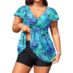 Aqua Eve Plus Size Tankini Swimsuits Bathing Suit - Women Two Piece with Shorts Tummy Control Swimwear Blue Leaves 24W XL