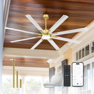 72 Inch White & Gold Ceiling Fan, Smart Ceiling Fan with Voice Control,  Large Ceiling Fan With 8 Aluminum Metal Blades,CF04BGW-72