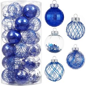 30ct Christmas Ball Ornaments-60mm/2.36" Shatterproof Clear Plastic Xmas Balls Baubles Set with Stuffed Delicate Sparkling, Hanging Christmas Tree Decorations(Blue)