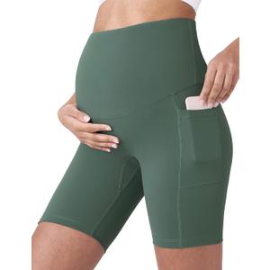 POSHDIVAH Women's Maternity Yoga Shorts Over The Belly Bump Summer Workout Running Active Short Pants with Pockets 5"/8" (Large, Crab Green 8") POSHDIVAH Women's Maternity Yoga Shorts Over The Belly Bump Summer Workout Running Active Short Pants with Pockets 5"/8" (Large, Crab Green 8")