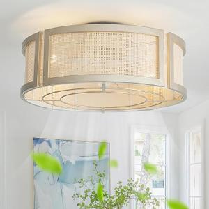 20" Gold Rattan Boho Ceiling Fan with Light, Flush Mount Ceiling Fan with Light Remote Control, Caged Enclosed with 6 Speeds for Bedroom, Living Room, Foyer, Nursery