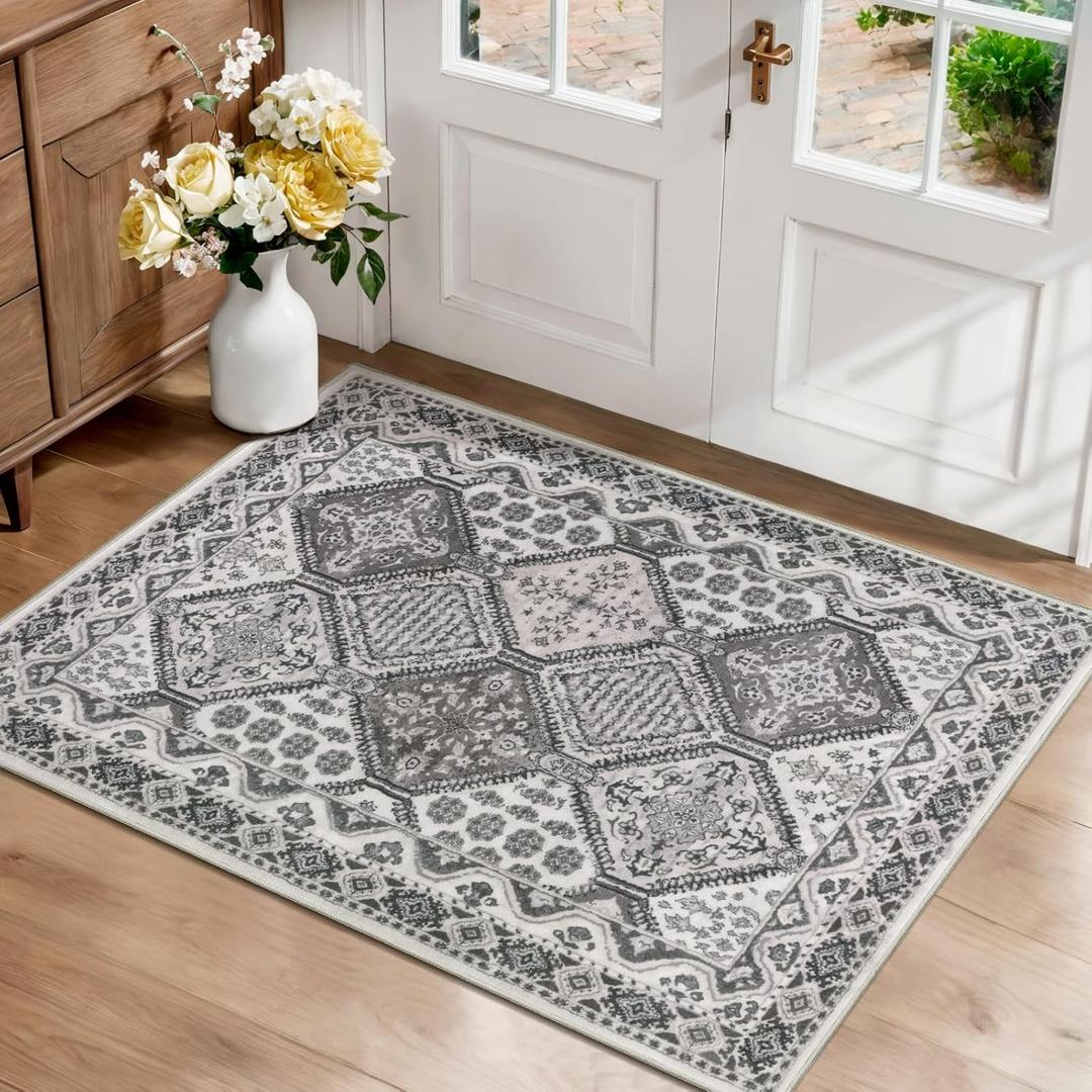 SERISSA 2x3 Washable Small Entry Rug,Soft Non Slip Indoor Boho Throw Rug for Entryway Kitchen Bedroom Dorm Bedside Front Door,Moroccan Geometric Carpet,Dark Grey