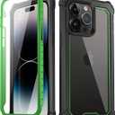 Poetic Guardian Case Compatible with iPhone 14 Pro 6.1 Inch, [20 FT Mil-Grade Drop Tested] Full-Body Hybrid Shockproof Protective Rugged Clear Cover Case with Built-in Screen Protector, Green/Clear