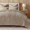 EVERGRACE Velvet Quilt Set King Size, Luxurious Soft Quilted Bedding Sets, Lightweight Velvet Comforter for All Season, Striped Channel Bedspread Coverlet with 2 Shams, Urban Taupe
