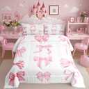 Erosebridal Dreamy Coquette Bow Comforter Set Twin Size,Fantasy Coquette Bowknot Bedding for Kids Girls Teens,Trendy Pink Bow Bed Sets for Preppy Princess Fashion Modern Aesthetic Girly Cute Quilt (Coral Pink White)