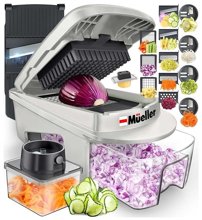 Mueller Pro-Series All-In-One, 12 Blade Mandoline Slicer For Kitchen, Food Chopper, Vegetable Slicer And Spiralizer, Cutter, Dicer, Grater, Kitchen Gadgets Sets With Container, White Sand/Gray