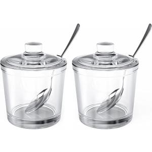 ZEAYEA Set of 2 Clear Glass Sugar Bowl, 6 Ounce Seasoning Box Condiment Pots with Spoon and Lid, Sugar Spice Salt Canister for Home Kitchen, Coffee Bar, Restaurant