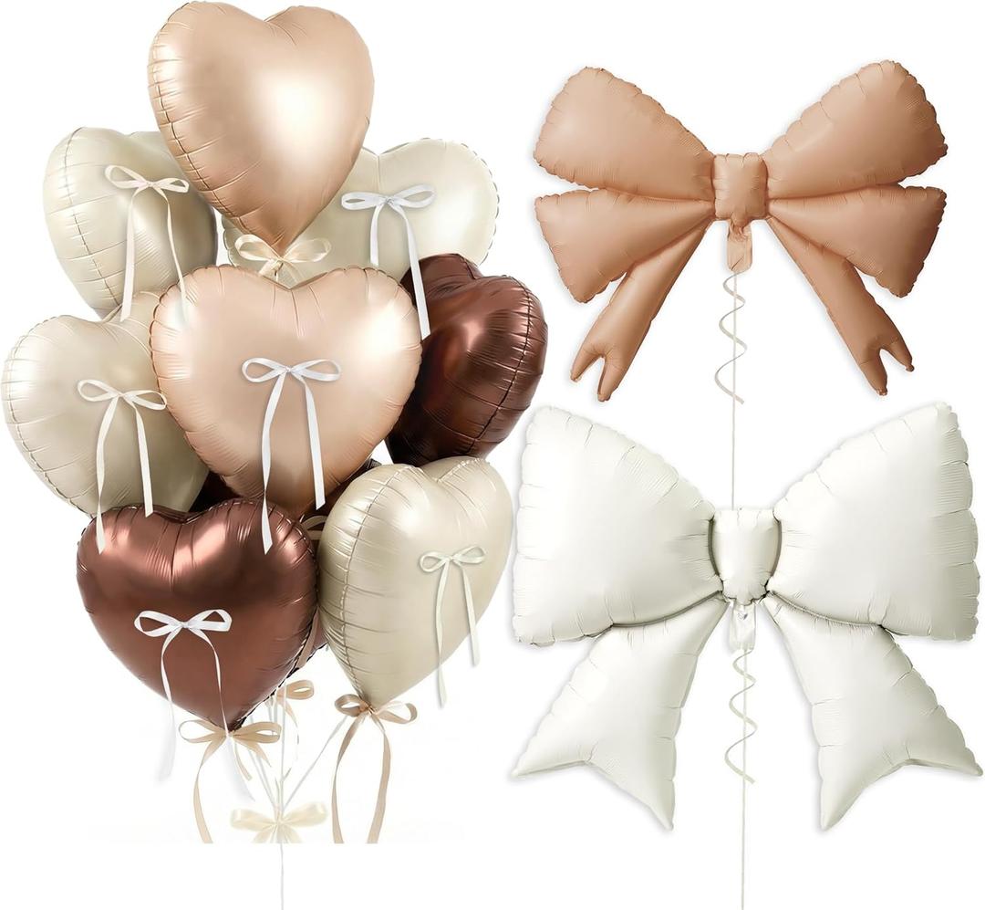 Brown Cream Heart Balloons, Large Foil Bow Balloons, 10Pcs 18 Inch Heart Shaped Foil Balloon with 38" & 30" Bow Balloon for Girls Women Birthday Valentines Baby Shower Wedding Bridal Party Decor