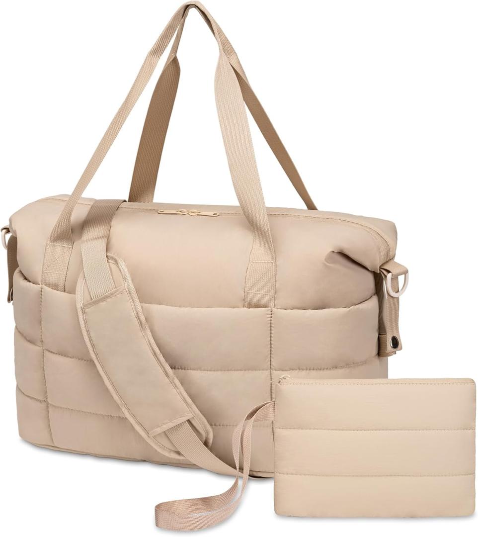 JUNGYOON Gym Bag for Women  Lightweight Weekender Overnight Bags with Toiletry Pouch, Quilted Travel Duffle Carry On Bag (Khaki)