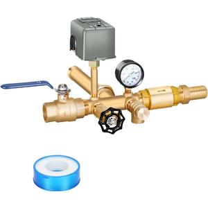 1"x 11"Well Pressure Tank Tee Kit with 40-60Psi Pressure Switch, Ball Valve, Pressure Gauge, Relief Valve, Drain Valve, Check Valve, Male Adapter, Well Tank Tee Kit for Tank with Diameters Up to 16"