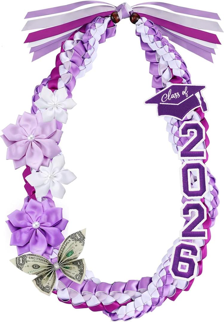 Lyrow 50'' 2026 Graduation Lei Double Braided Strands Graduation Ribbon Leis with 4 Satin Flowers Congrats Graduates Money Leis Class of 2026 Gift for Men Women