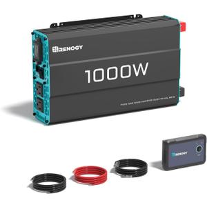 Renogy Inverter P2 1000 watt Pure Sine Wave Inverter, Solar Car Power Inverter 12V to 120V AC Converter for RV, Truck, Camping, Home Backup, Outdoor, Emergency, Off-Grid Living, 16.4FT Remote Control