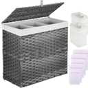 Greenstell Laundry Hamper with Lid, 125L Large Clothes Hamper with 3 Section & 2 Section Removable Liner Bags & 5 Mesh Laundry Bags, Handwoven Synthetic Rattan Divided Laundry Basket, Gray
