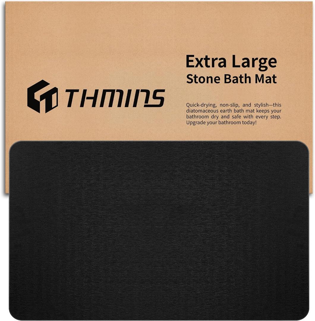 THMINS Black Stone Bath Mat, 32''x20'' Extra Large Stone Bath Mat, Super Absorbent Quick Drying for Bathroom, Easy to Clean, 31.5" x 19.7"