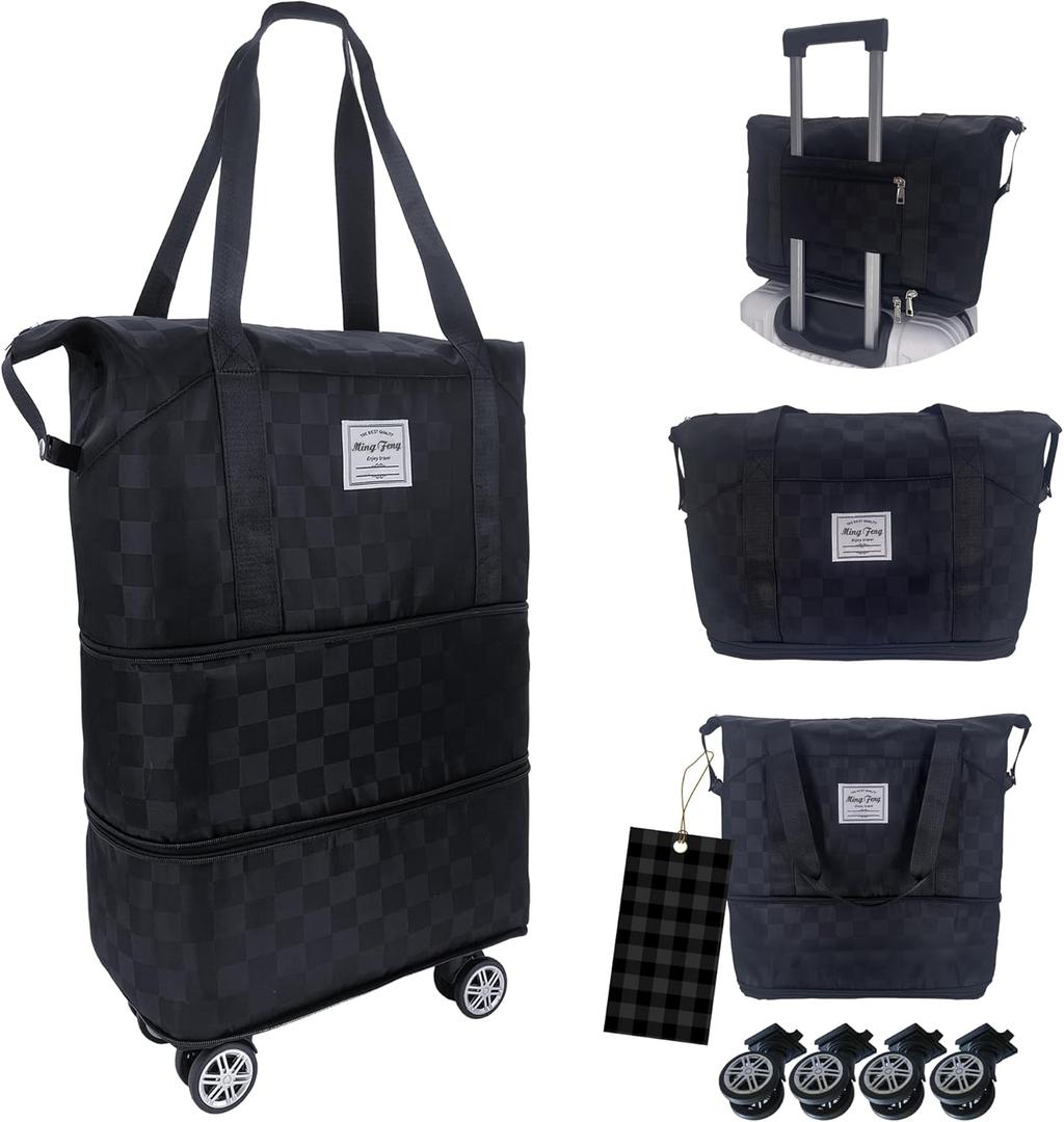 Expandable foldable duffel bag suitcase, detachable rolling wheels,carry-on large duffel bag,luggage bag,suit gym,camping,travel or business trip,Gift for wife and parents-Checkerboard(BLACK)