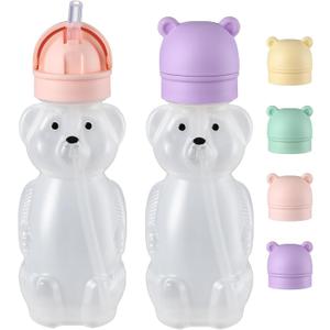 Upgraded 2 Pack Honey Bear Straw Cups for Baby, Toddler - Flip Top, Spill-Proof & Anti-pullout & Pop-up Straw Design - 8 OZ Squeezable Transition Sippy Cup for Speech & Feeding Training, Purple&Pink