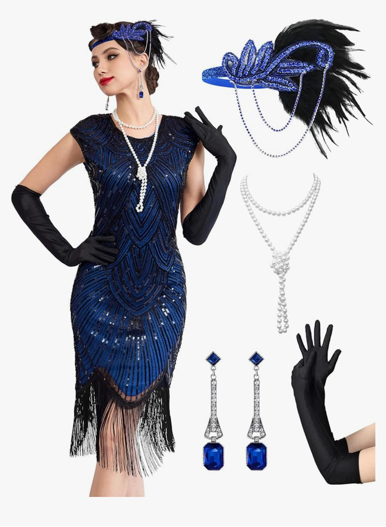 Women's Flapper Dresses 1920s Dresses for Women Great Gatsby Sequin Fringed Roaring 20s with 20s Accessories Set, Size XXL