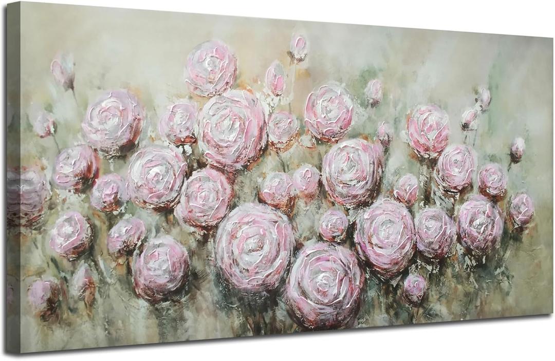 Arjun Pink Rose Wall Art Flower Canvas Painting 3D Textured Floral Silver Grey Artwork Modern Abstract Petals Tranquil Framed Large for Living Room Bedroom Bathroom Home Office Wall Decor, 40"x20"