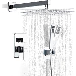 8 Inch Polished Chrome Shower Faucet Set with Rain Shower Head and Handheld Spray, Wall Mounted Rainfall Shower Head with Handheld Combo, Bathroom luxury Shower System with Valve and Trim