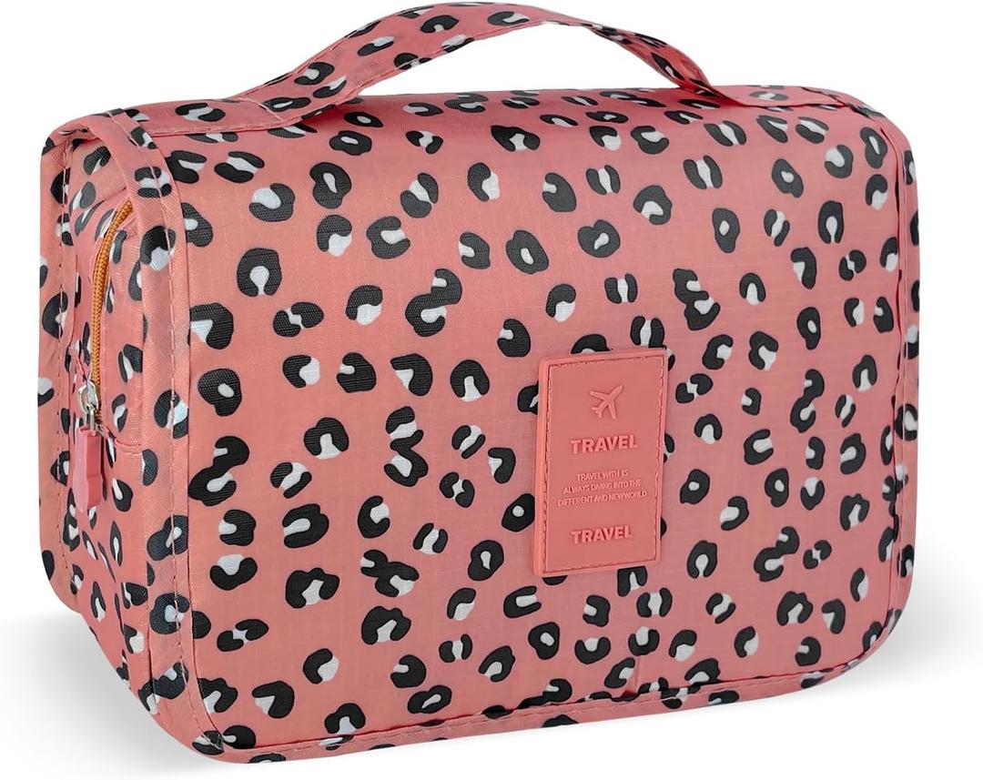 Large Capacity Toiletry Bag Travel Bag with Hanging Hook for Men and Women Waterproof Travel Cosmetic Bag Bathroom Storage Bag for Brushes Set,Full-Sized Shampoo,Accessories-Pink Leopard
