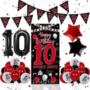 10th Birthday Decorations for Boys Girls, Double Digits Boy Red Black Happy 10th Birthday Decorations, 10 Year Old Birthday Door Banner Sign, Triangle Flag, Large 10 Balloons Decor Tenth Bday Party