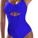 Pink Queen Women's One Piece Swimsuits 2025 Sexy Tummy Control Drawstring Bathing Suit V Neck Cutout Ruched Swimwear, XL