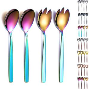 Evanda Rainbow Salad Server Set 4 Pieces, Titanium Rainbow Plating Stainless Steel Salad Serving Set, Salad Spoon, Salad Servers, Salad Fork, Dishwasher Safe