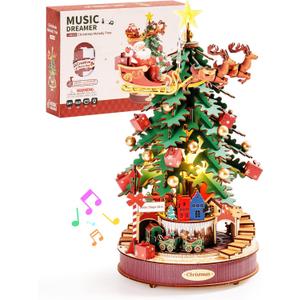 ROBOTIME 3D Puzzles for Adults Wooden Music Box with LED DIY Model Christmas Tree Building Kit for Kids Hobby Crafts Unique Home Decor