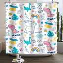 Dreamy Theme Bathroom Dino Dinosaur Rainbow Magical Shower Curtain with Hooks, Waterproof Polyester Fabric, 48x72 Inch