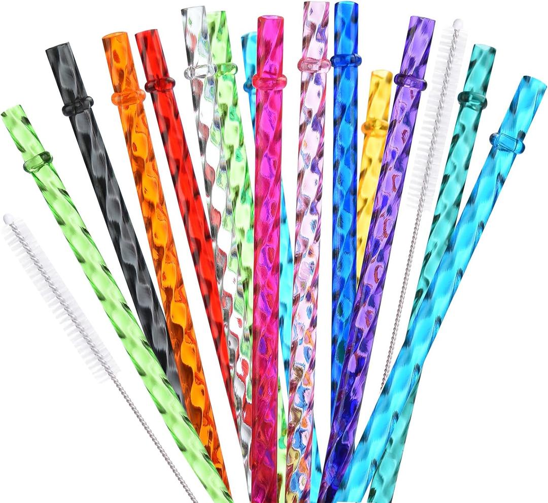 24 Pack Reusable Plastic Clear Swirl Straws, 11" Long Colorful Hard Plastic Tumbler Replacement Straws for 16 OZ 20 OZ 30 OZ Stanley, YETI, Starbucks, Mason Jars, Travel Cups with Brush