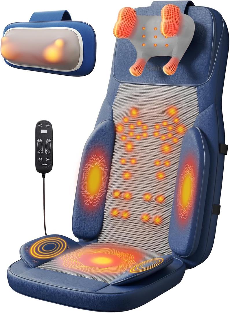 Rainwolf Shiatsu Neck and Back Massage Cushion with Heat - 4D Deep Tissue Kneading Full-Back Massager for Relief Stress, Adjustable Intensity & Height, for Office Chair & Home
