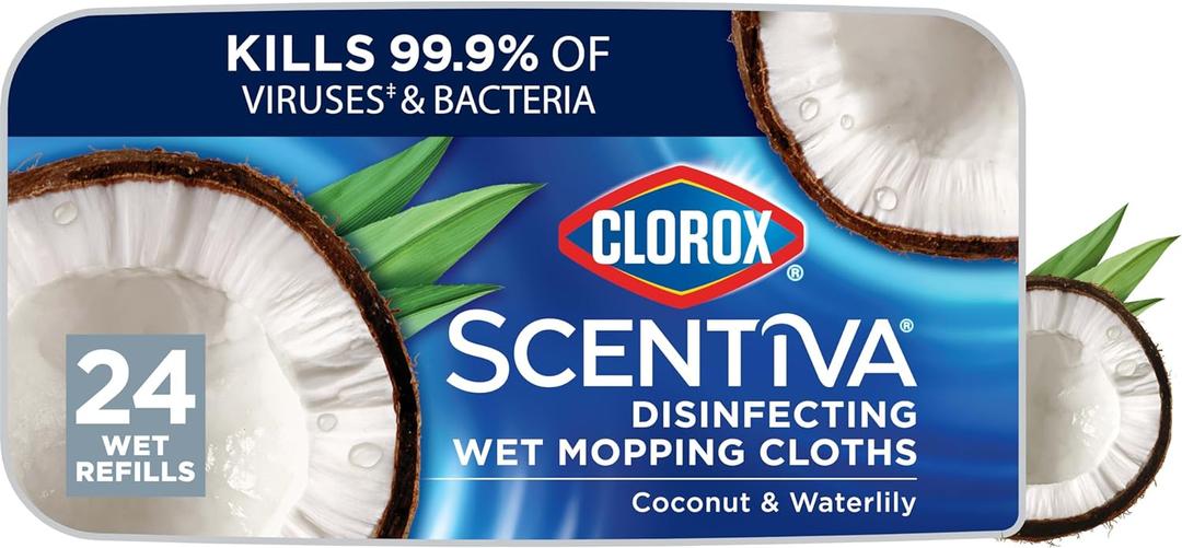 Clorox Scentiva Disinfecting Wet Mopping Cloths, Coconut and Waterlily, 24 Refills (Pack May Vary)