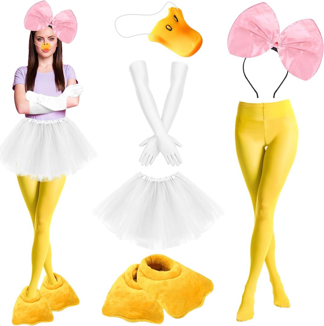 7 PCS Duck Costume for Women - Includes Duck Nose House Slippers Yellow Party White Tutu Skirt for Adult Cosplay