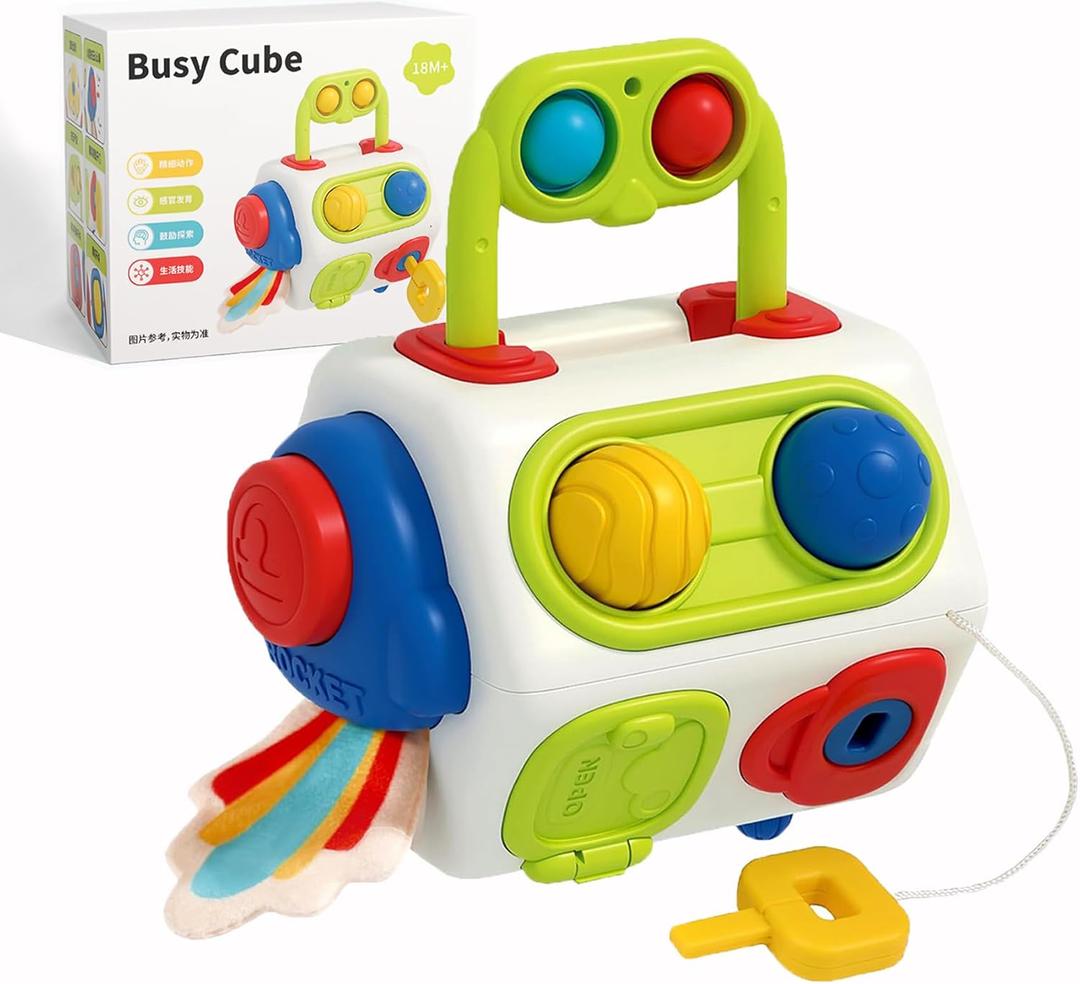 Busy Cube for Toddlers 1 Years Old, Montessori Toys for 1 Year Old - Ideal Gifts for 1 Year Old Boys Girls - Airplane Plane Car Travel Toys for 6 to 18 Months Toddlers Educational Learning Toys