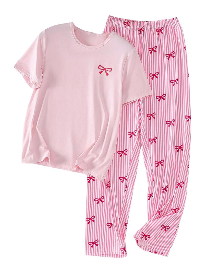 RoseSeek Women's 2 Piece PajamaSet Bow Graphic T Shirts and Striped Wide Leg Pants Pj Ser Soft Sleepwear Multicolor Medium