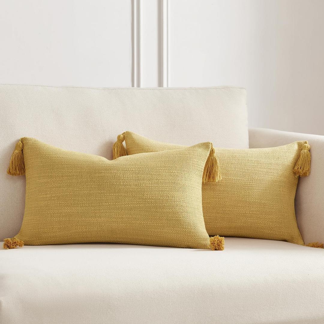 Meekio Set of 2 Mustard Yellow Pillow Covers 12 x 20 inches Neutral Pillow Covers Textured Throw Pillow Covers with Tassels for Neutral Home Decor