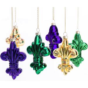 6 Pcs Mardi Gras Glass Hanging Ornaments - 4" Fleur De Lis Purple Green Gold Decorations for Holiday Masquerade Party