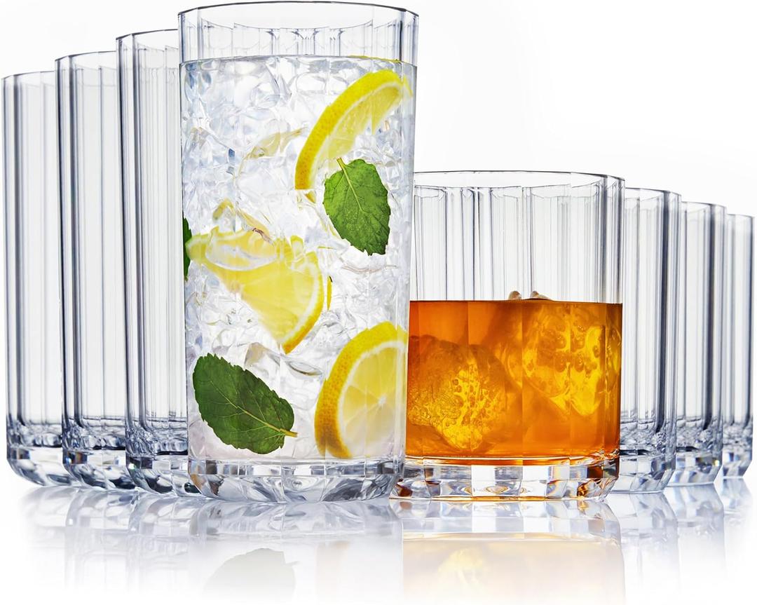 US Acrylic Faceted Clear Plastic Reusable Drinking Glasses (Set of 8) 14oz Rocks & 18oz Water Cups | BPA-Free Tumblers, Made in USA | Top-Rack Dishwasher Safe