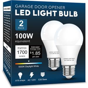 Garage Door Opener LED Light Bulb 2 Pack15W Equivalent to 100W Garage Light Bulb,A19 5000K Daylight White E26 Base 120V Outdoor Light Bulbs,Minimize Interference,Dimmable