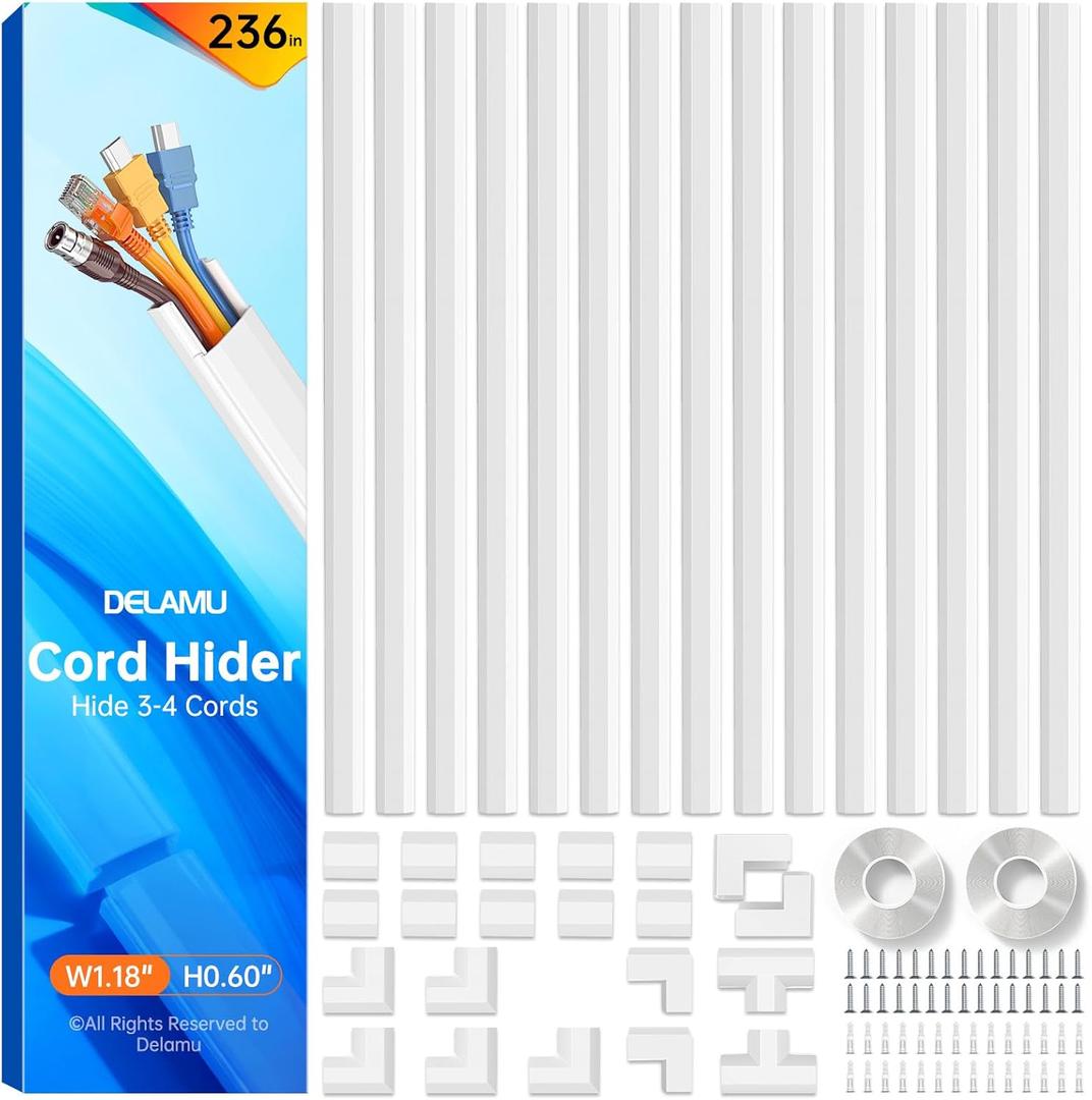 Delamu Cord Hider, 236in Cord Covers for 3-4 Wires on Wall, Cable Hider Wire Covers for Cords, Wire Hiders for TV on Wall, TV Cord Hider for Wall Mounted TV, 15x L15.7 W1.18 H0.6in, White